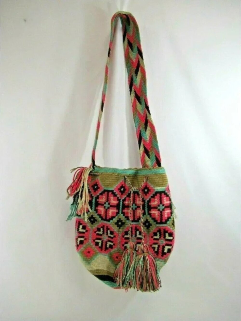 Wayúu Mochila Bag Purse Handbag Bucket Tote Boho Colombian Pink Teal Woven